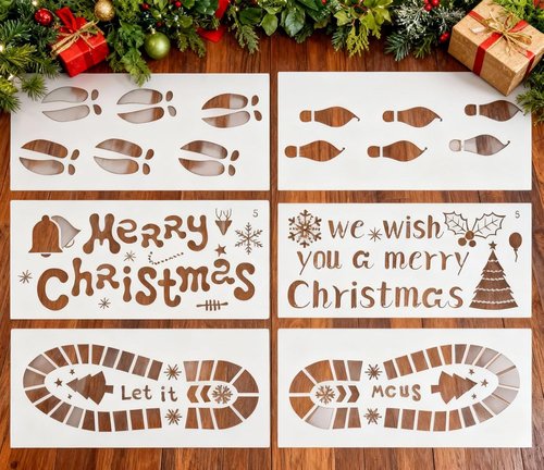 EXCEART Christmas Santa Footprint Stencils - 6 Hollow-Out Designs for Floor, Wood, Window, Wall