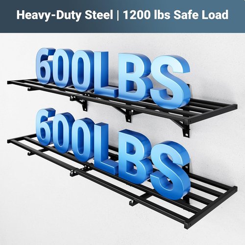 FLEXIMOUNTS Heavy Duty Garage Wall Shelving - 1200lbs Capacity | 2-Pack 2x6ft with 8 Hooks for Tools & Supplies