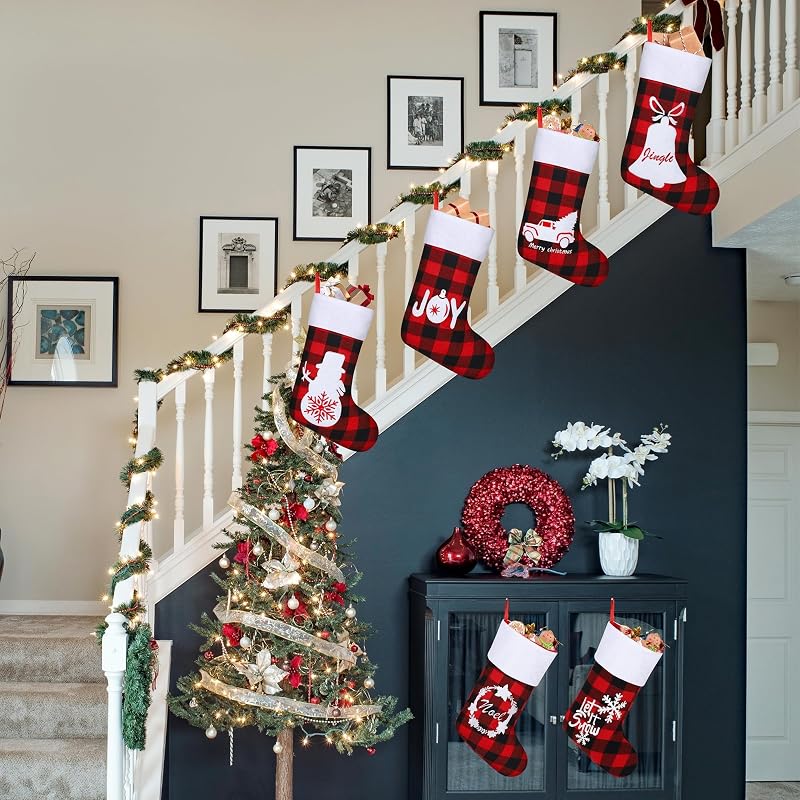 16 Pack Felt Christmas Stockings 18in Red Black Buffalo Plaid with Reindeer Scenes - Holiday Fireplace Decor