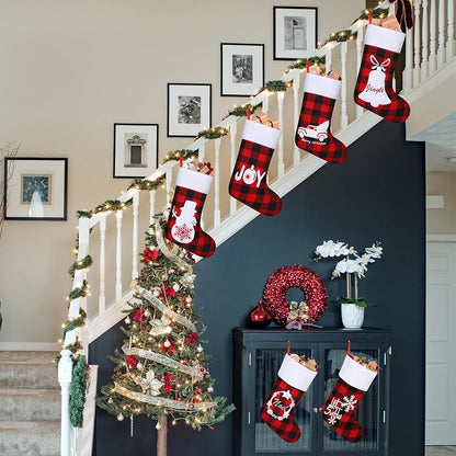 16 Pack Felt Christmas Stockings 18in Red Black Buffalo Plaid with Reindeer Scenes - Holiday Fireplace Decor