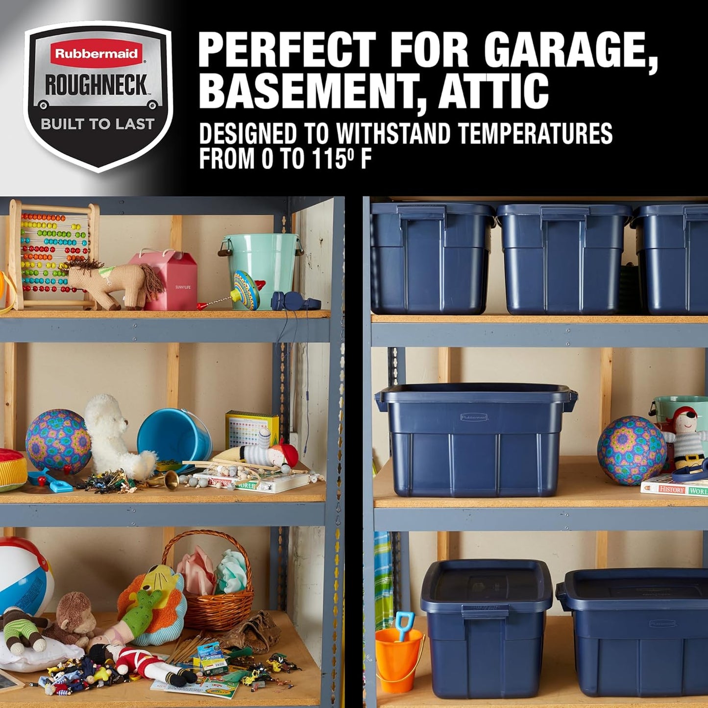 Rubbermaid Roughneck 14 Gal Tote - Rugged Stackable Storage Bins with Lids & Handles | Dark Indigo Metallic | 6 Pack