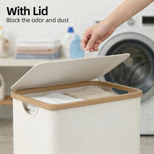 Efluky Slim Laundry Basket - Narrow Hamper with Lid & Removable Bag, 75L Beige for Bathroom & Bedroom