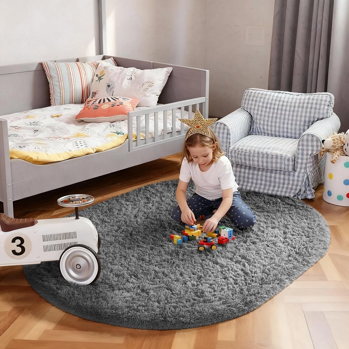Ophanie Grey Oval Area Rug - Plush Soft Shaggy Carpet for Bedroom & Living Room | 3x5 Feet