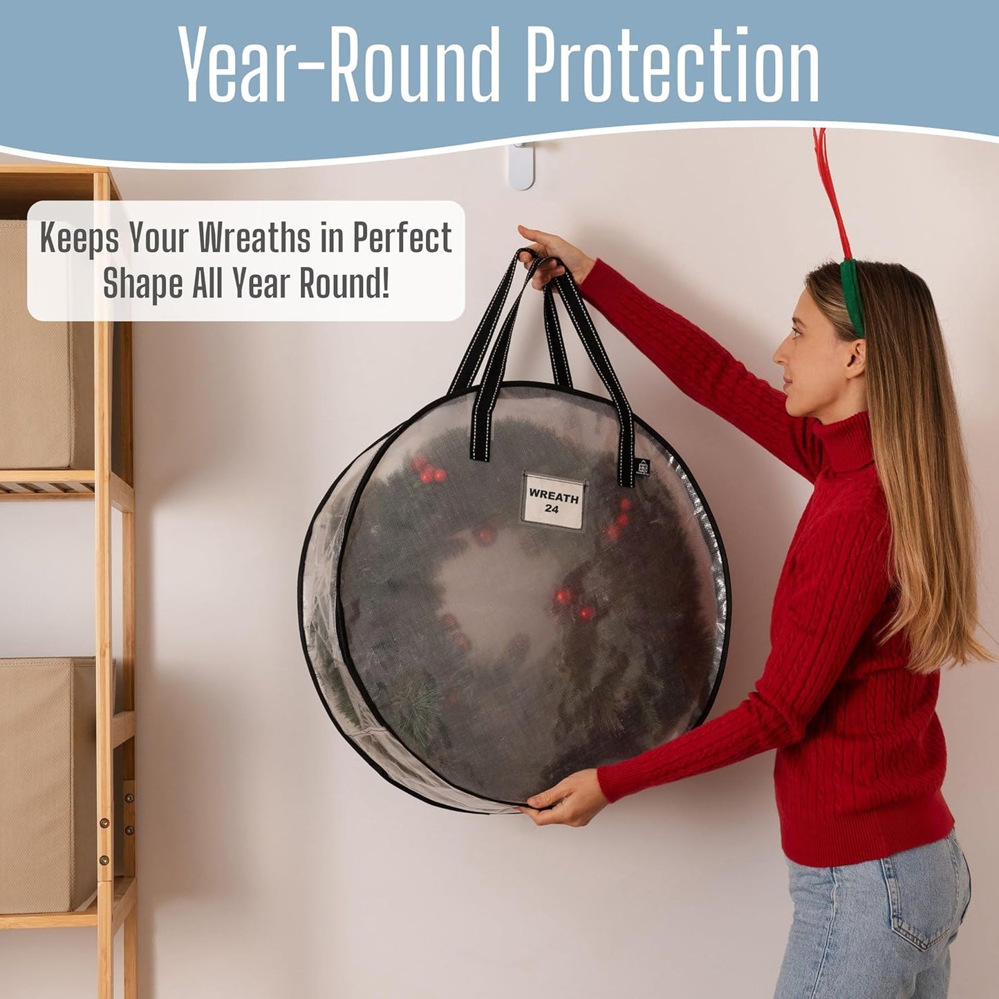 VENO Wreath Storage Container - 24 Inch Heavy Duty Clear Bag with Wall Hanging Handles | 2 Pack
