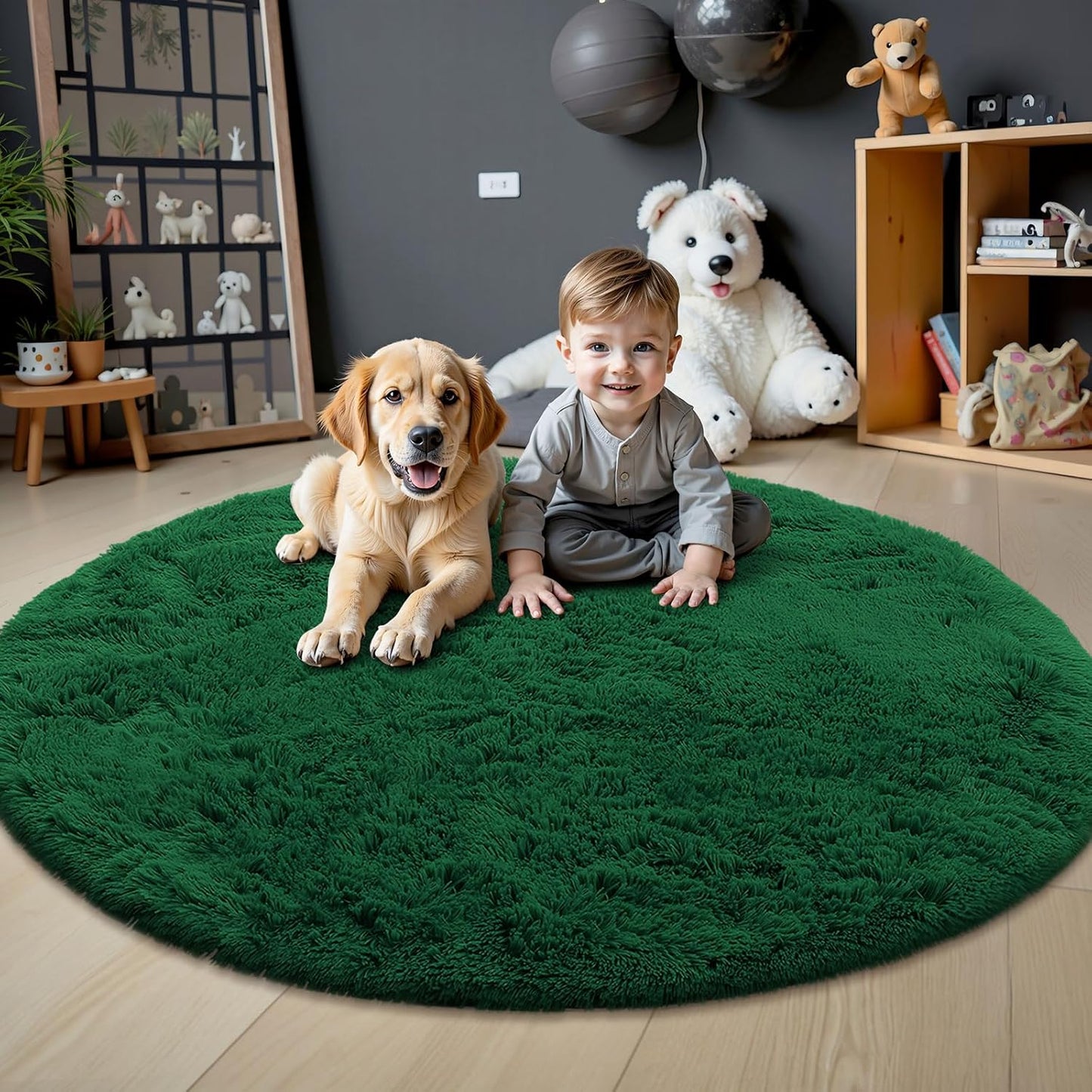 OLANLY Dark Green Round Area Rug - Soft, Fluffy, Machine Washable 5 ft Circle Carpet for Bedrooms & Living Rooms
