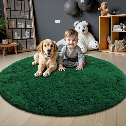 OLANLY Dark Green Round Area Rug - Soft, Fluffy, Machine Washable 5 ft Circle Carpet for Bedrooms & Living Rooms