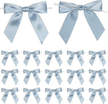 Twist Tie Bows by Dusty Blue - Pre-Tied Satin Ribbon Bows for Gift Wrapping | 3.5" | 50 Pack