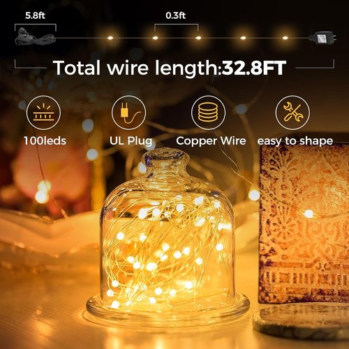 Ariceleo Fairy Lights - 33 Ft. Waterproof 100 LED Copper Wire String Lights | Warm White for Indoor/Outdoor Decor