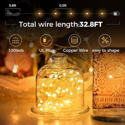 Ariceleo Fairy Lights - 33 Ft. Waterproof 100 LED Copper Wire String Lights | Warm White for Indoor/Outdoor Decor