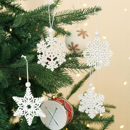 Skiennix 16-Piece White Snowflake Ornaments - 3-Inch Wooden Christmas Decorations for Winter Trees