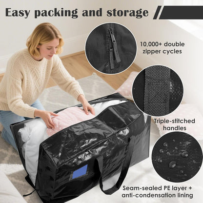 Skiennix 6 Pack Extra Large Moving Bags - Heavy Duty, Moisture-Resistant Storage Bins for Clothes | Black