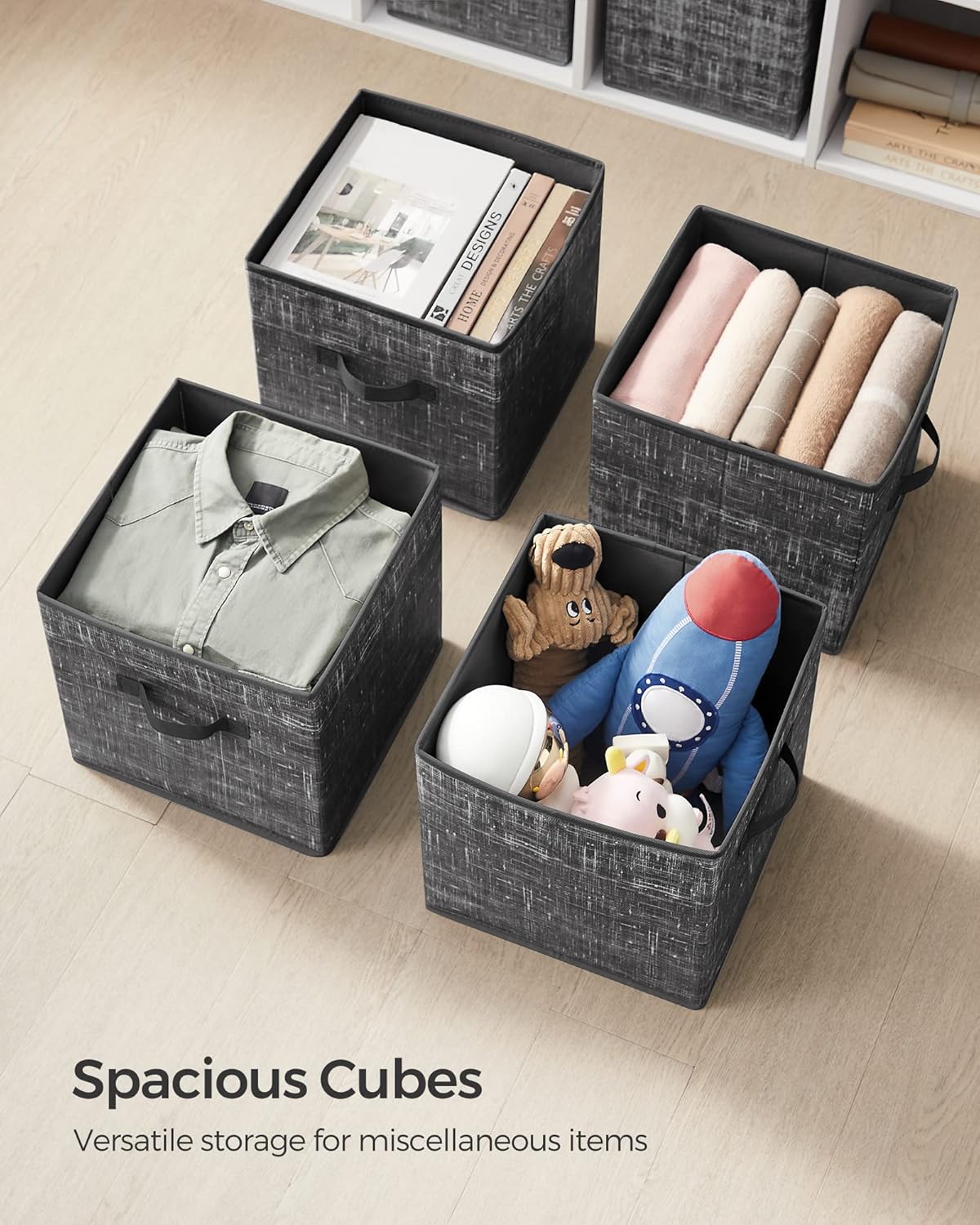SONGMICS Storage Cubes - 11.8-Inch Foldable Non-Woven Fabric Bins | Set of 6 Closet Organizers in Classic Black
