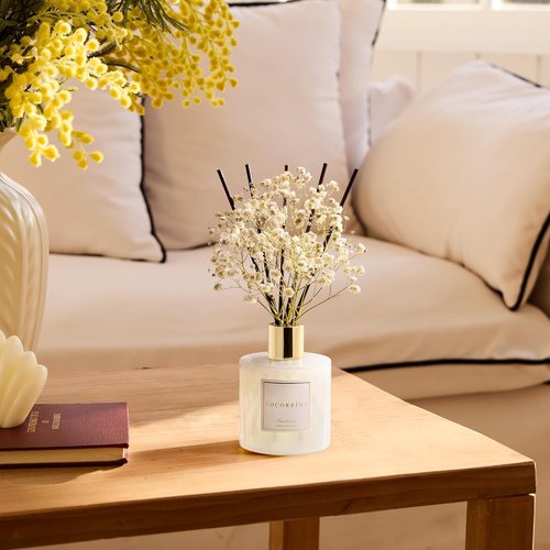 COCORRÍNA Reed Diffuser - Gardenia Scented 6.7 Fl. Oz Set with Sticks & Preserved Baby's Breath | Home Decor