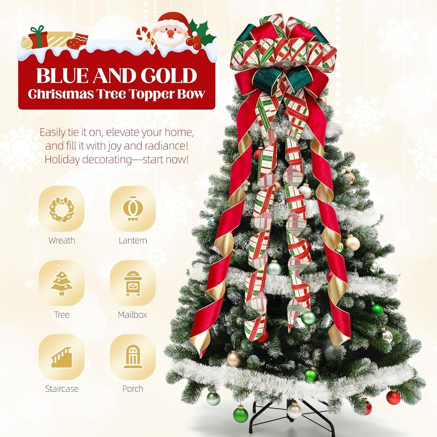 Skiennix Christmas Tree Topper Bow - 13" Large Velvet Red & Green Buffalo Plaid | Festive Holiday Decoration