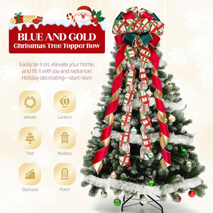 Skiennix Christmas Tree Topper Bow - 13" Large Velvet Red & Green Buffalo Plaid | Festive Holiday Decoration