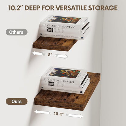 Vivelove 10-Inch Deep Floating Shelves - Rustic Brown Wall Decor | Set of 2 with Invisible Brackets