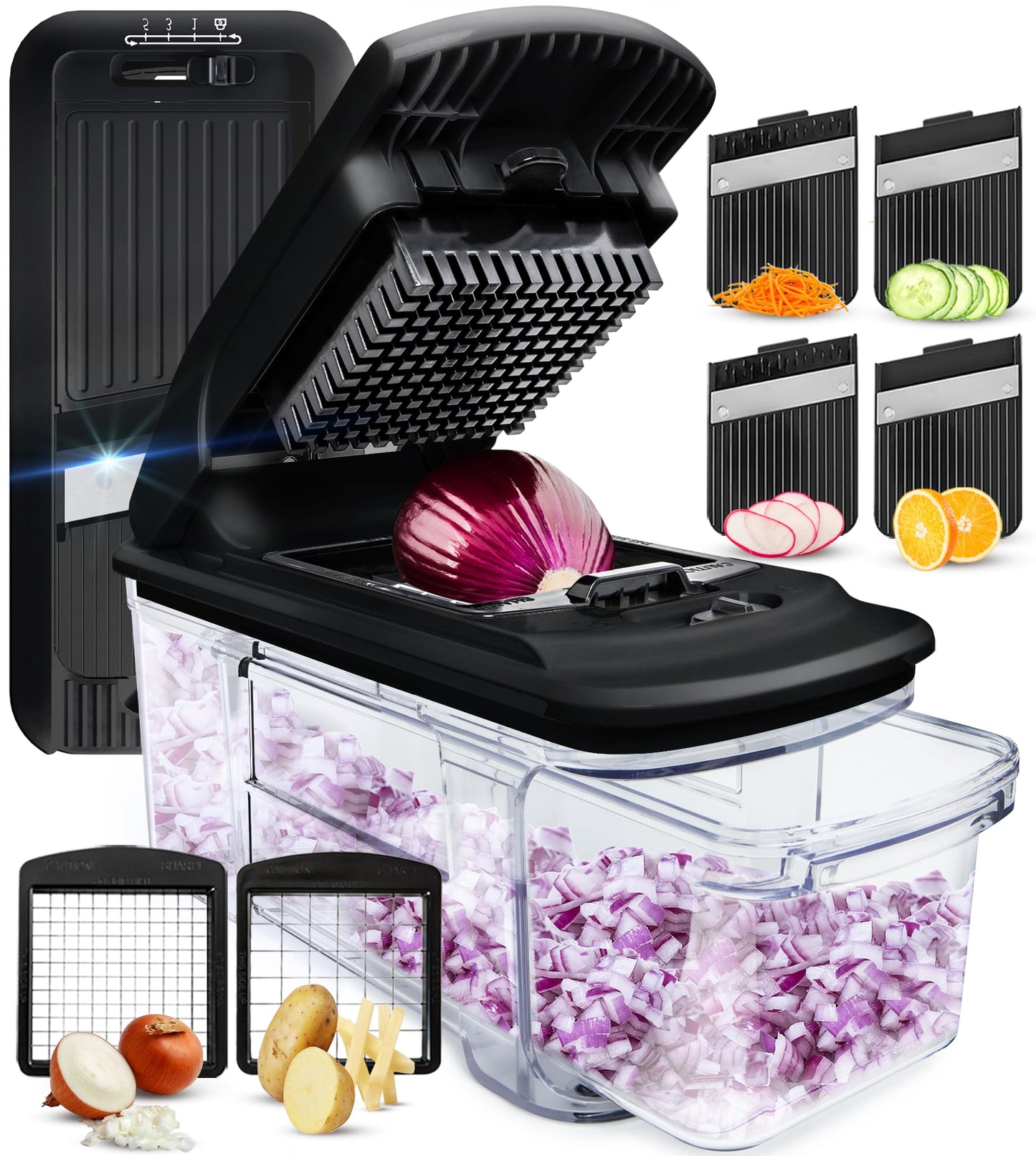 Fullstar All-in-1 Vegetable Chopper, Mandoline Slicer & Cheese Grater - French Fry Cutter & Veggie Dicer - Includes Bonus Handheld Spiralizer - Cook's Tool & Gadget Sets (6 in 1, Black)