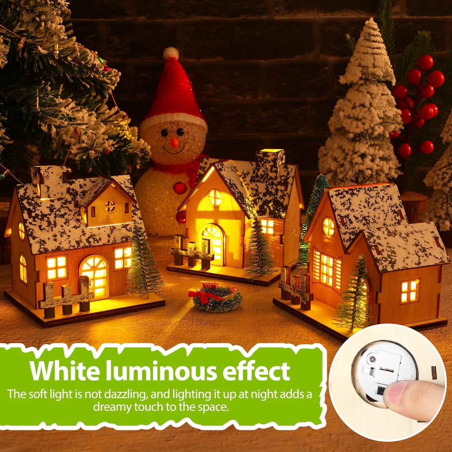 Toyvian Christmas Village Houses Decor - Set of 3 Glowing Wooden Houses with Lights | Holiday Table Centerpieces