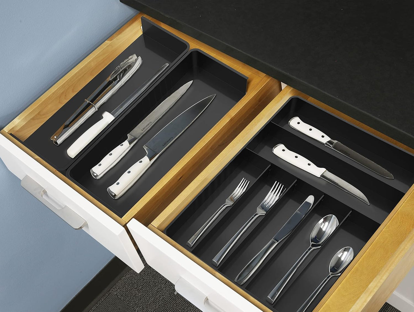 Simple Houseware Flatware Organizer - Adjustable Black Kitchen Drawer Tray with 9 Compartments