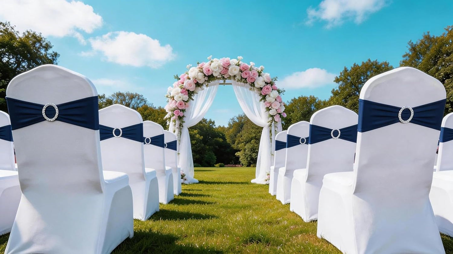 Skiennix Navy Blue Chair Sashes - 100 Pack Spandex Chair Bands with Buckles for Events & Parties