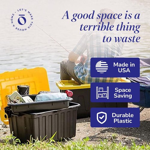 HOMZ Heavy Duty Plastic Storage Bins - 15 Gallon Stackable Containers with Lids | Black/Yellow 2-Pack