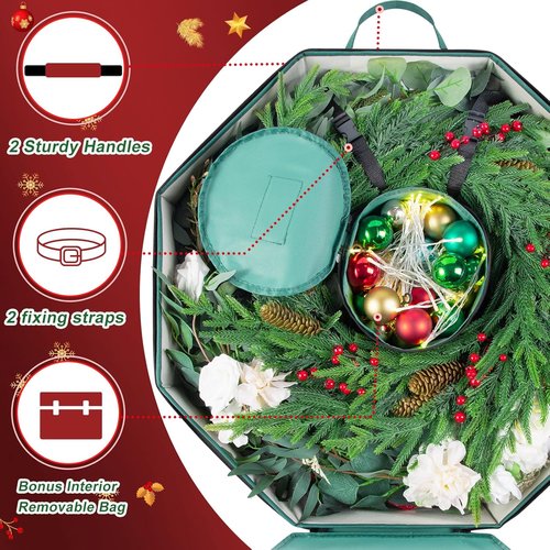 BrilliantJo Wreath Storage Bag - Hard Shell Christmas Decorations Case with Pockets | 24-Inch Green 600D Oxford Fabric
