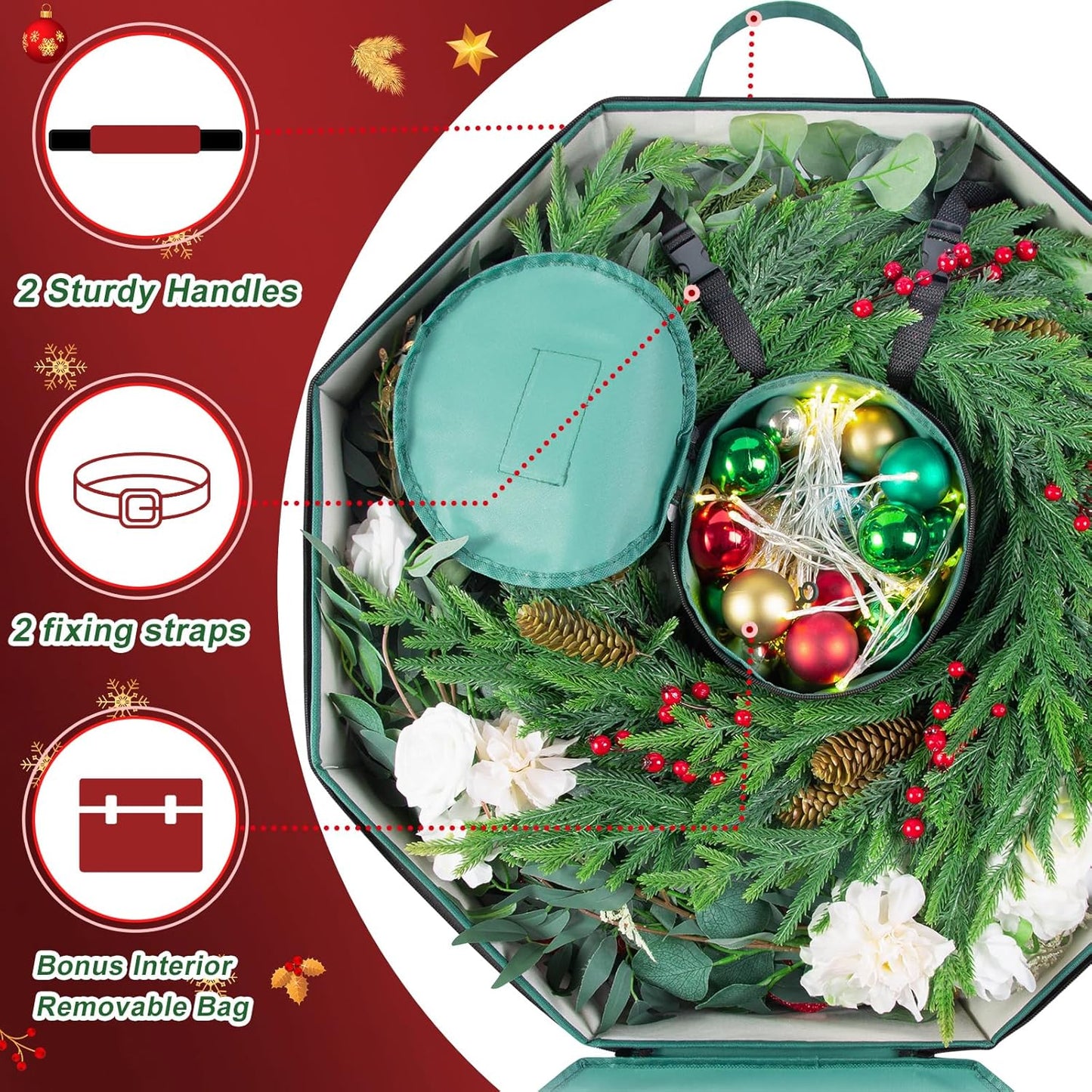 BrilliantJo Wreath Storage Bag - Hard Shell Christmas Decoration Case with Pockets | 24-Inch Green 600D Oxford Fabric