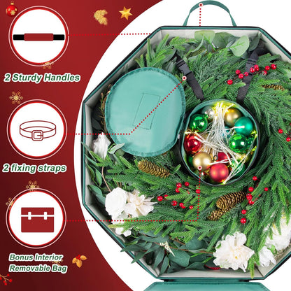BrilliantJo Wreath Storage Bag - Hard Shell Christmas Decoration Case with Pockets | 24-Inch Green 600D Oxford Fabric