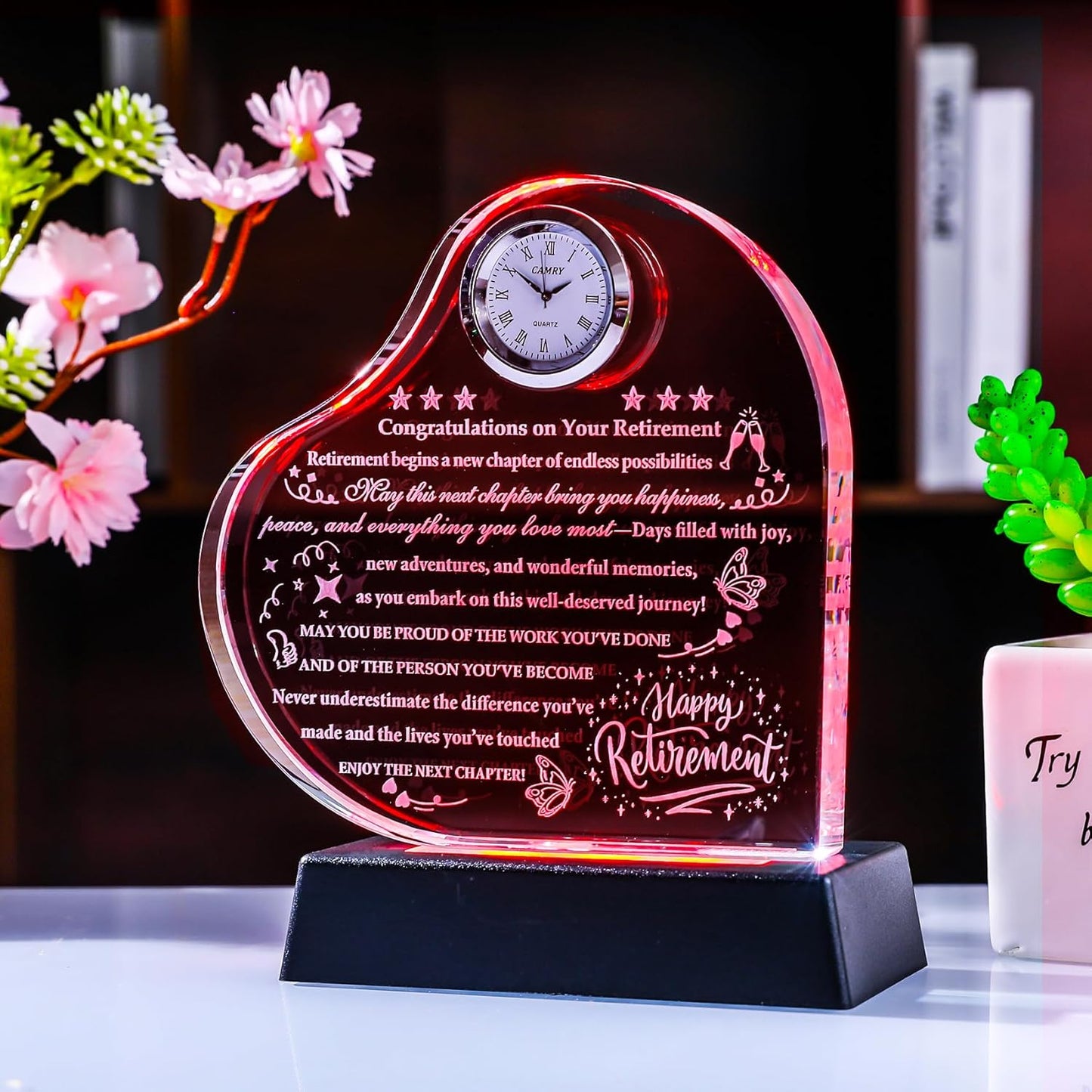 YWHL Retirement Gifts for Men Women 2025 Happy Retirement Gifts with LED Base Crystal Heart Farewell Retired Plaque Keepsakes Gift for Retiree Teacher Police Firefighter Nurse Coworker Doctor Friends