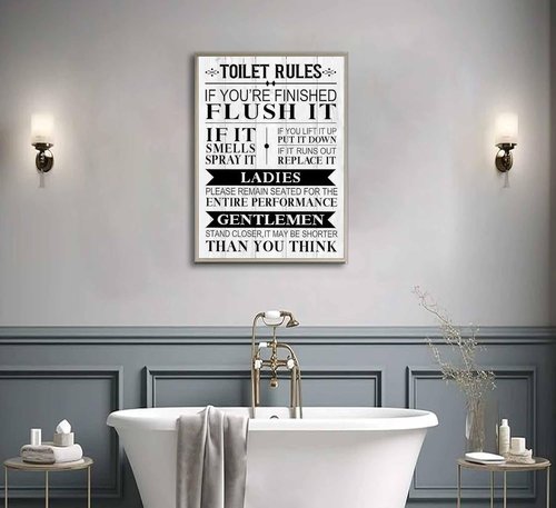 Funny Toilet Rules Canvas Wall Art - Black and White Humor for Eclectic Bathroom Decor