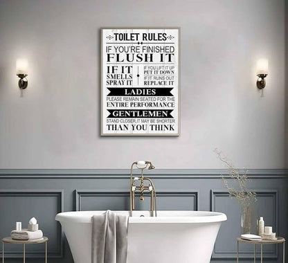 Funny Toilet Rules Canvas Wall Art - Black and White Humor for Eclectic Bathroom Decor