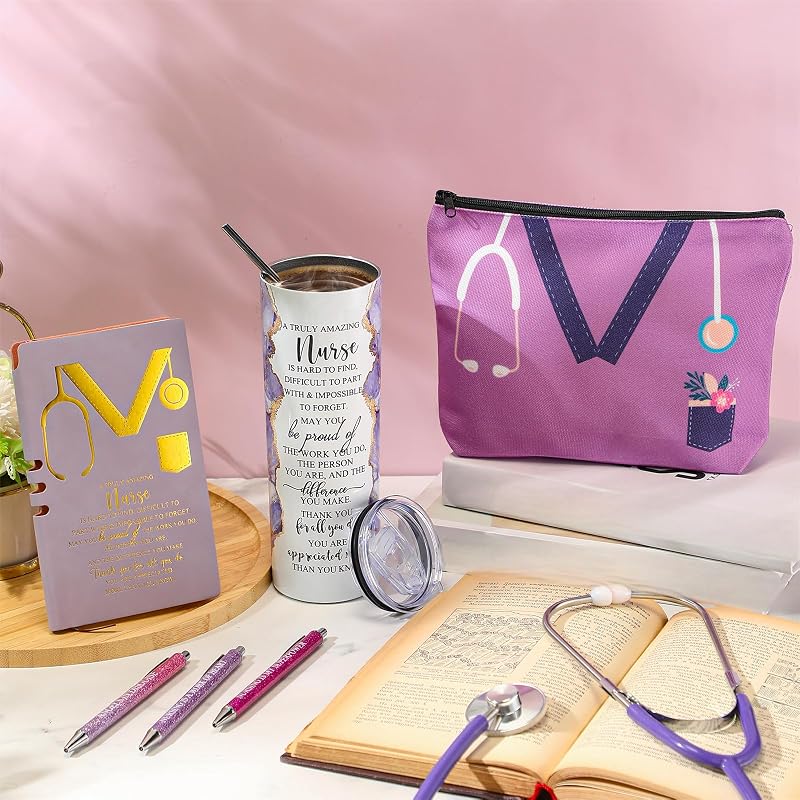 Nurse Gift Set 20 Oz Marble Tumbler, Makeup Bag & Notepad - Purple (Variation: Purple)