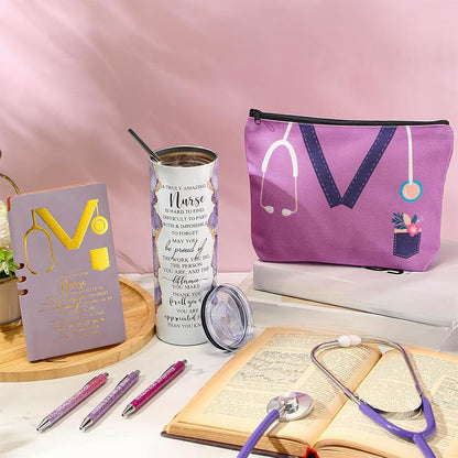 Nurse Gift Set 20 Oz Marble Tumbler, Makeup Bag & Notepad - Purple (Variation: Purple)