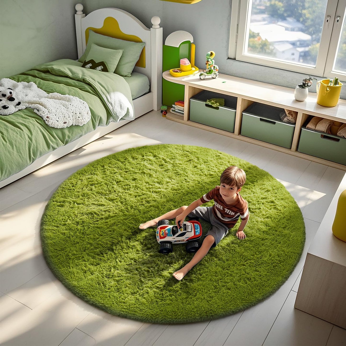 Ophanie Round Rug 6Ft Green Circle Area Rug, Green Room Decor, Fluffy Fuzzy Bedroom Carpet, Plush Soft Shaggy Living Room Rugs for Kids Home Decor Aesthetic, Nursery