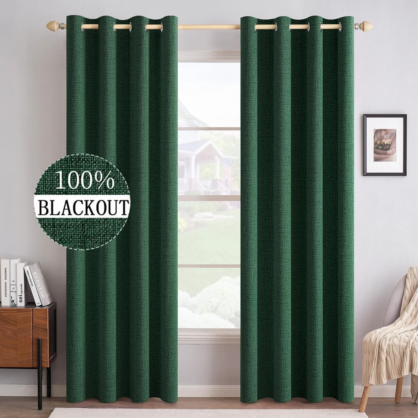 MIULEE Blackout Linen Curtains - Thermal Insulated Emerald Green Drapes | 52 x 90 Inch (2 Panels)
