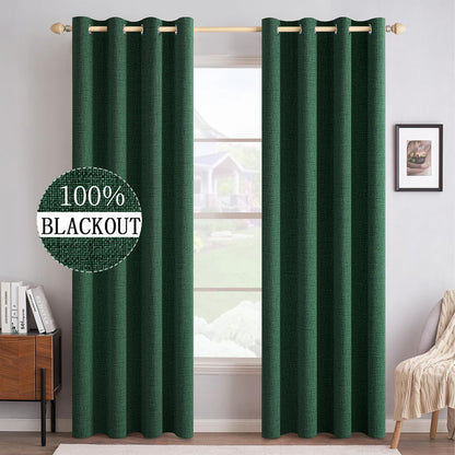 MIULEE 100% Blackout Linen Curtains - Thermal Insulated Emerald Green Drapes | 52 x 96 Inch (2 Panels)