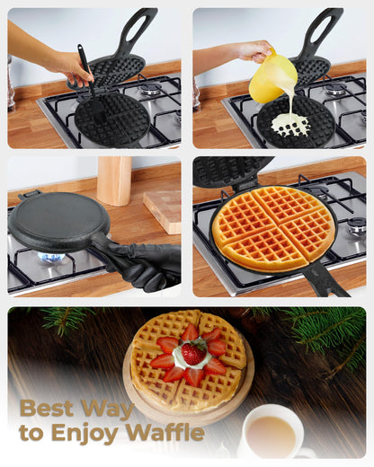 ZURRITO Cast Iron Waffle Maker 7 inch Round Waffles Bundle Set, Stove Top Waffle Maker, Cast Iron Waffle Pan for Camping Grill or Stovetop, Camping Waffle Maker, 4.4 pounds