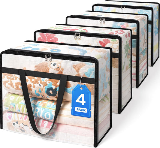 BlissTotes Clear Clothes Storage Bags - 4 Pack Foldable Under Bed Containers with Sturdy Zipper (40L)