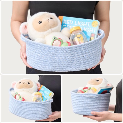 Kodomoore Small Woven Easter Basket with Gift Bag and Ribbon – Empty Burr Basket for Gifts, Baby Shower, & Birthdays – Decorative Rope Storage Organizer for Shelves, 12"x8"x5", Blue