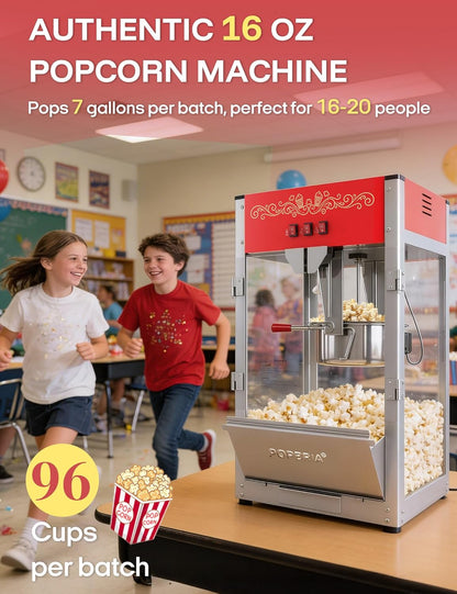 Skiennix Commercial Popcorn Machine - Authentic 16oz Kettle Maker with Warming Deck | 1600W Red