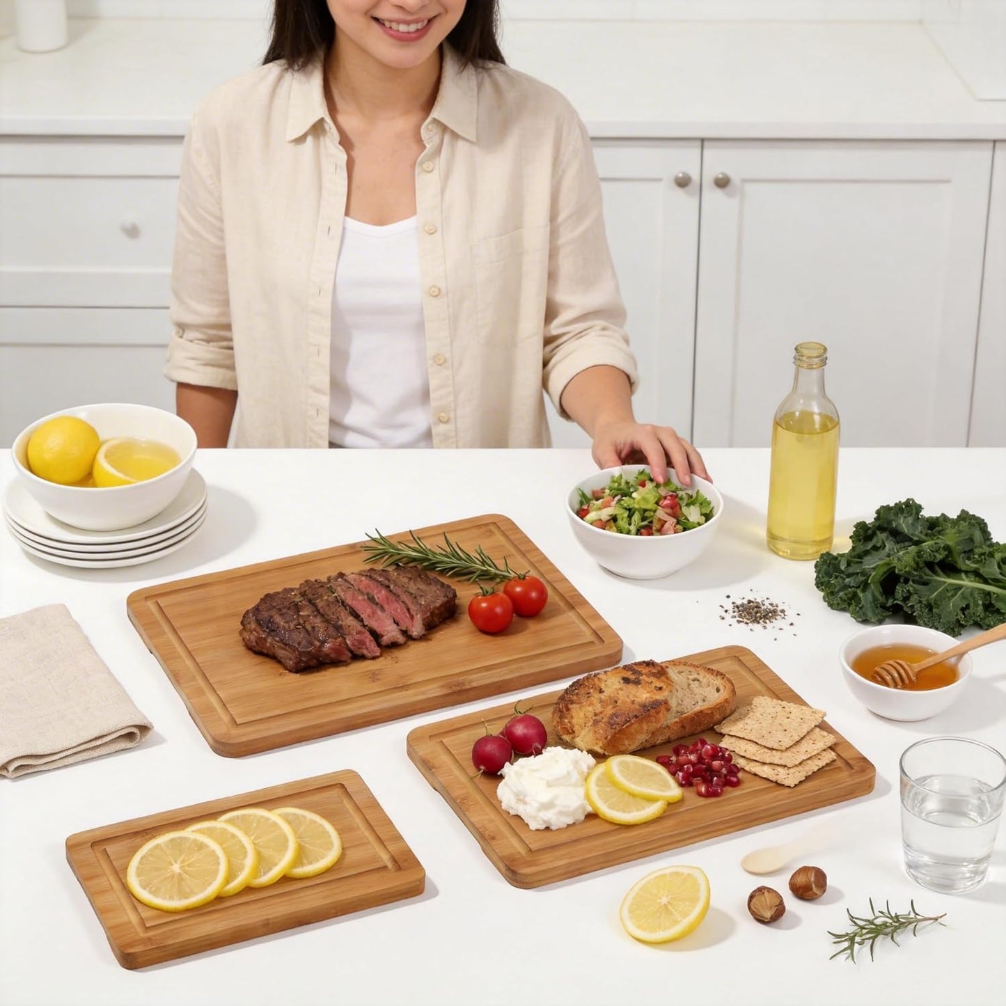 Skiennix 3-Piece Bamboo Cutting Board Set - Deep Juice Grooves & Easy-Grip Handles | Durable, Knife-Friendly Boards for Meat, Vegetables & Fruit