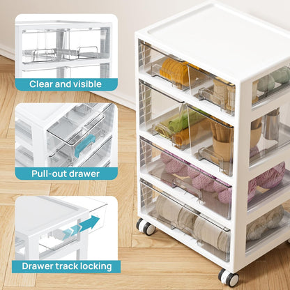 Vtopmart Plastic Drawer Organizer - 4-Tier Storage with 6 Drawers & Wheels | Clear for Office & Crafts
