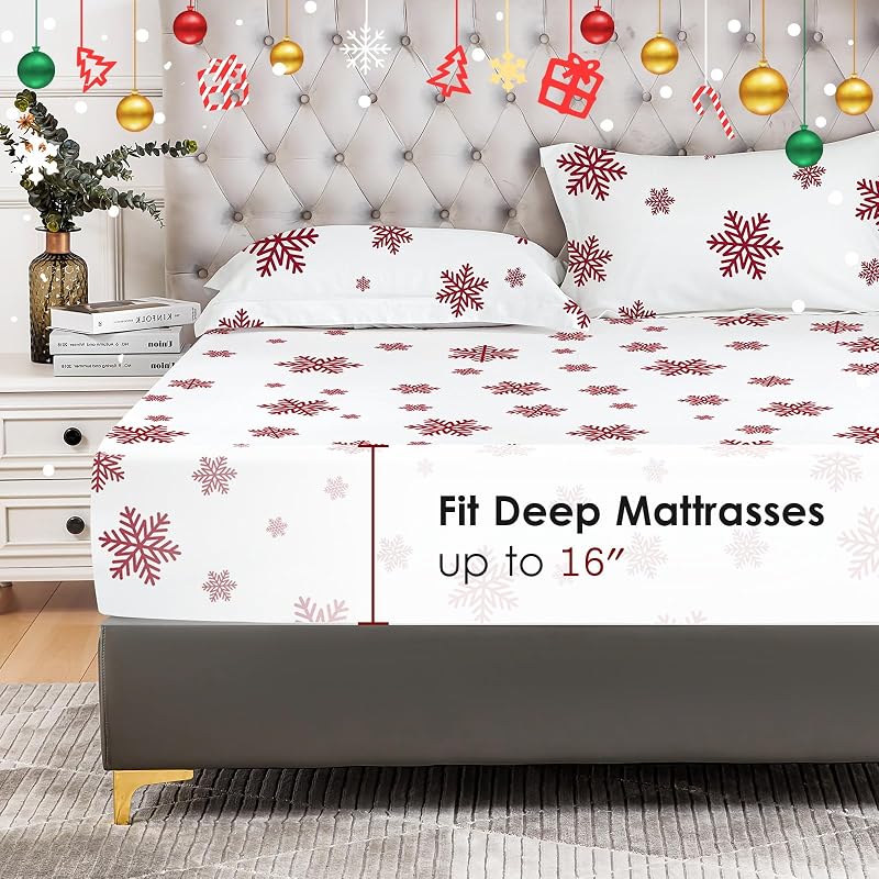 Snowflake Full Fitted Sheet Set with Pillowcases - 16" Deep Pocket, Double Brushed Microfiber