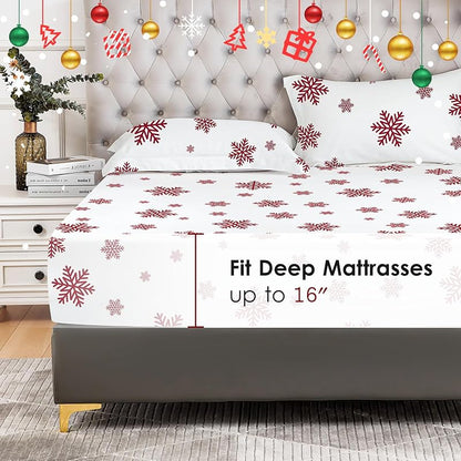 Snowflake Full Fitted Sheet Set with Pillowcases - 16" Deep Pocket, Double Brushed Microfiber