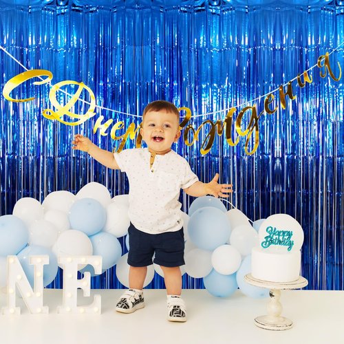 GOER Metallic Tinsel Foil Fringe Curtains - 3.2 ft x 9.8 ft Navy Blue Party Backdrop for Birthdays & Weddings