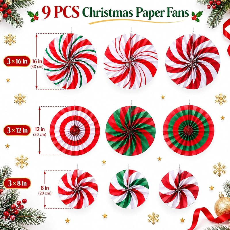 Peppermint Candy Cane Christmas Paper Fans 9-Pack - 8/12/16 Inch Hanging Decorations