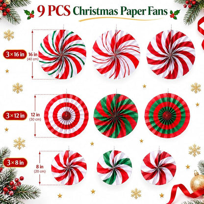 Peppermint Candy Cane Christmas Paper Fans 9-Pack - 8/12/16 Inch Hanging Decorations
