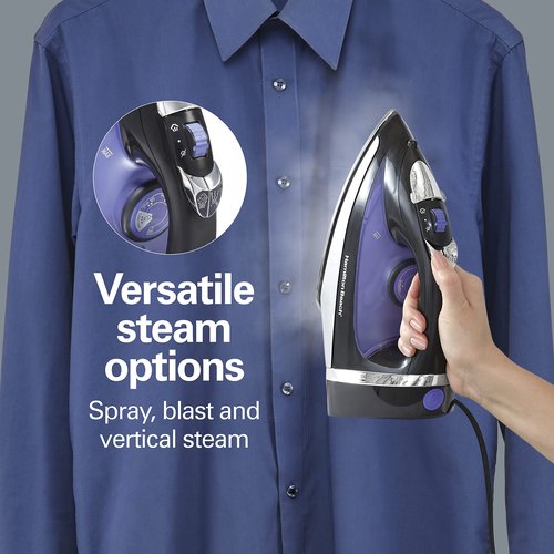 Hamilton Beach Steam Iron for Clothes & Garment Steamer with Smooth Press Stainless Steel Soleplate, 1200 Watts, 8’ Retractable Cord, Black (14214)