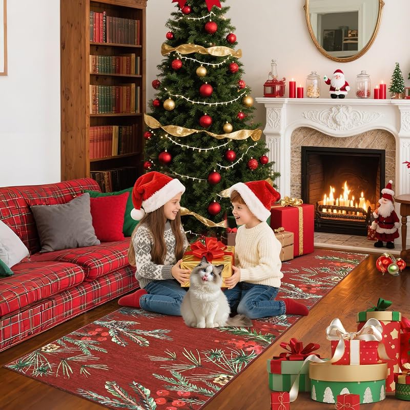 Pinecone-Red 2' x 6' Christmas Runner Rug - GarveeHome, Non-Slip, Washable