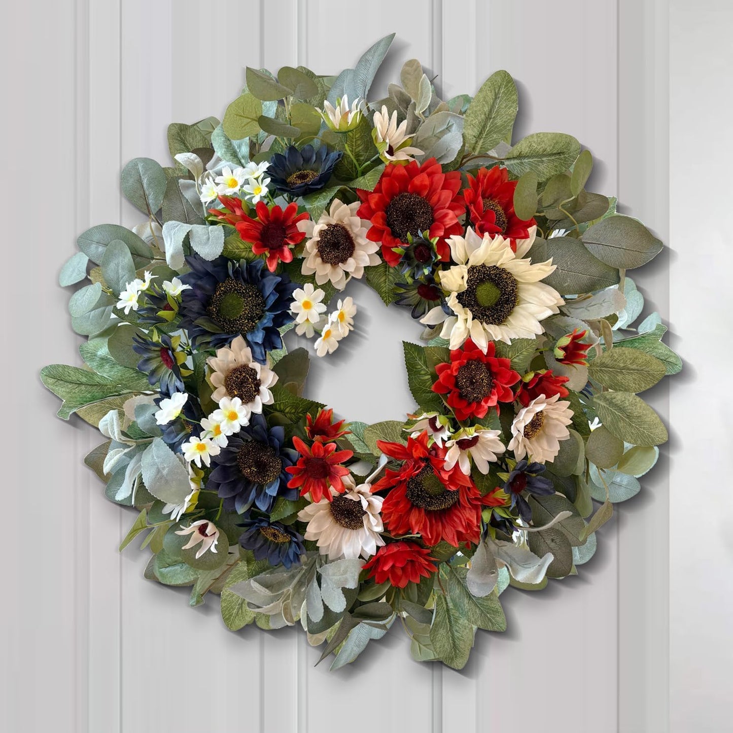 WANNA-CUL 24-Inch Patriotic Sunflower Wreath - Red, White & Blue 4th of July Door Decor